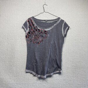 Y2K Karv Rebel Biker Goth Cap Sleeve Top Shirt Studded Distressed Acid Wash Sz M